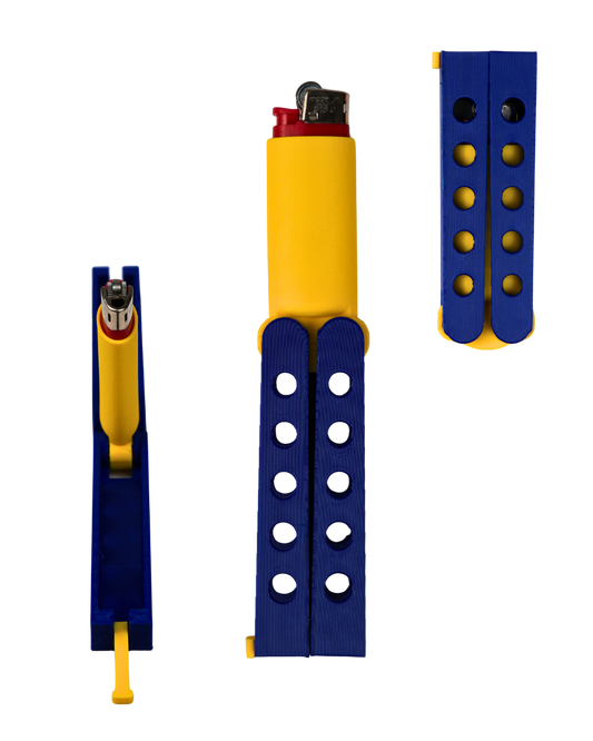 Funda para mechero BIC Spin Flame Mini azul y amarilla impresa en 3D con apertura tipo mariposa y diseño compacto.