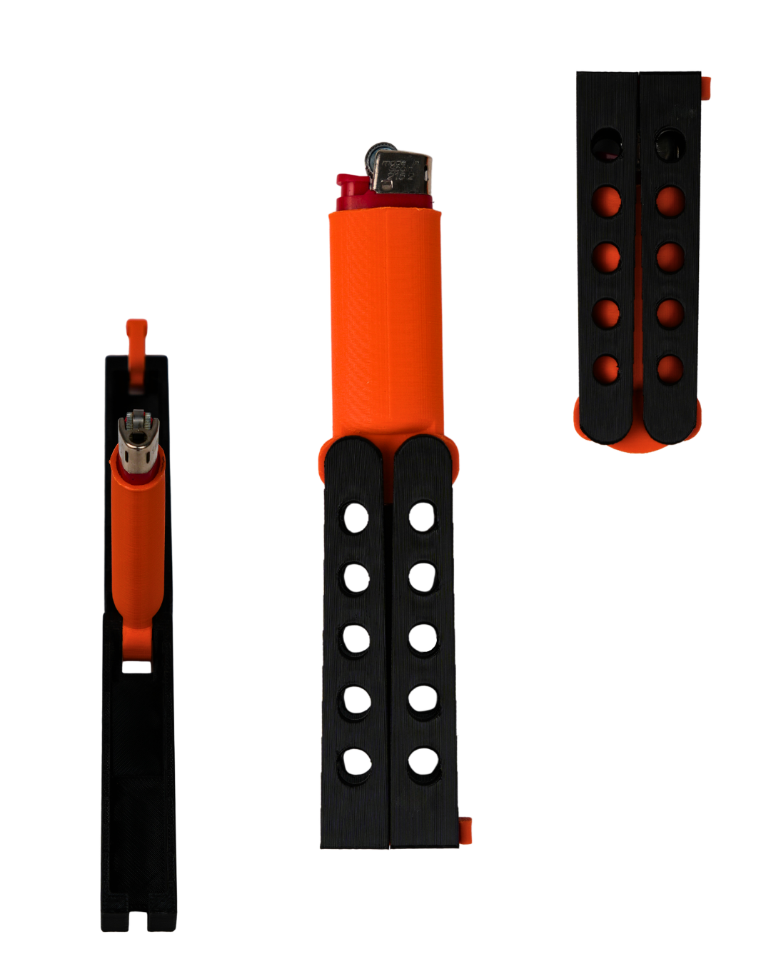 Funda para mechero BIC Spin Flame Mini negra y naranja impresa en 3D con mecanismo Butterfly Flip para apertura tipo mariposa.