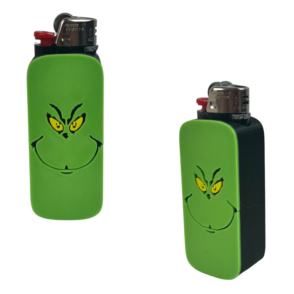 Funda de mechero Beetle Print Green Face en verde y negro, fabricada en 3D con rostro en relieve y ojos amarillos