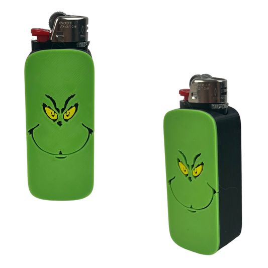 Funda de mechero Beetle Print Green Face en verde y negro, fabricada en 3D con rostro en relieve y ojos amarillos