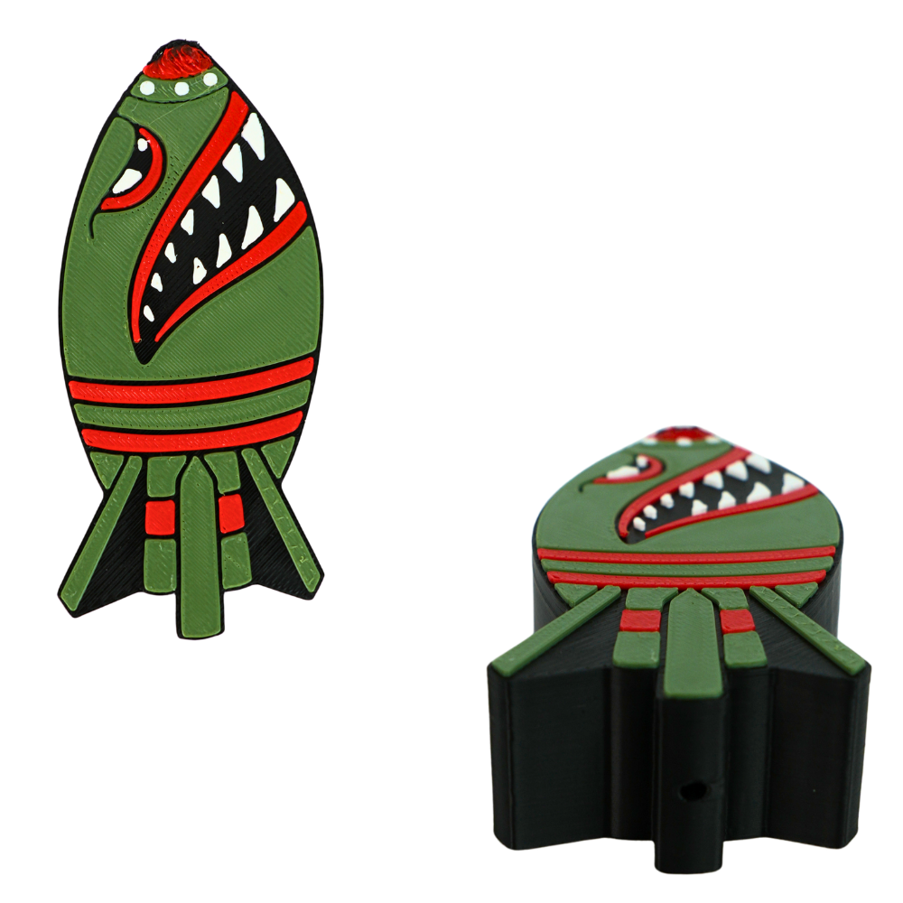 Funda para mechero Beetle Print con diseño de misil mostrada desde la parte inferior y vista trasera del acabado impreso en 3D