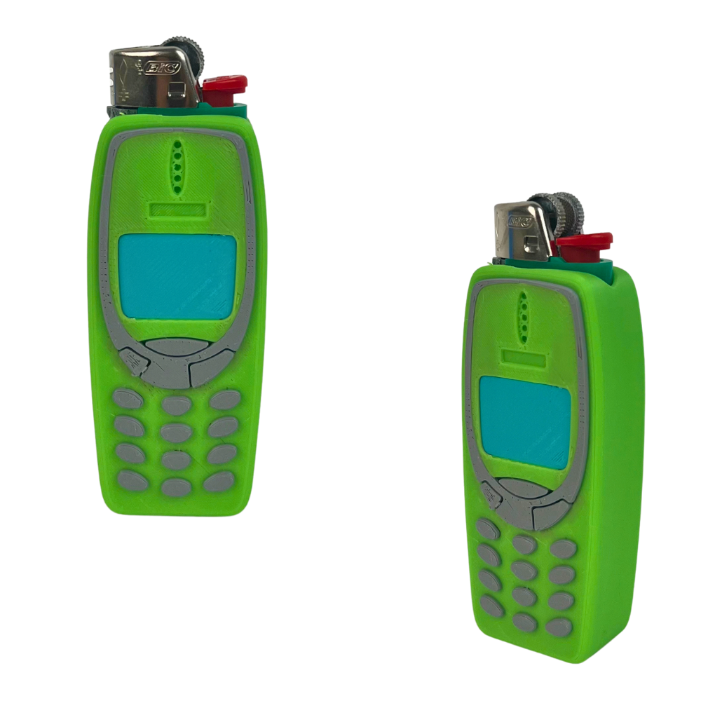 Funda para mechero BIC Beetle Print con diseño de móvil retro en color verde, pantalla turquesa y detalles impresos en 3D