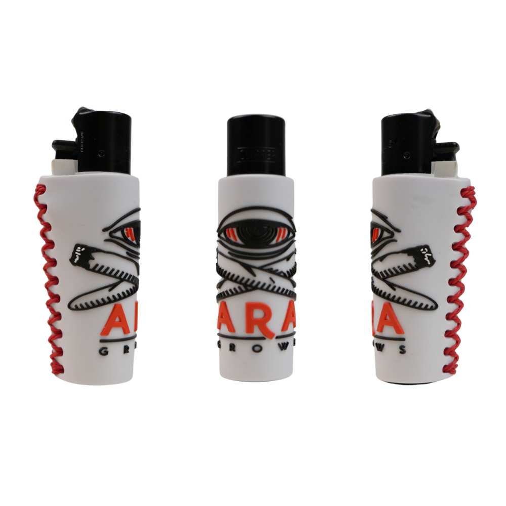 Funda de mechero de silicona ARA GROWS blanca con relieve antideslizante y diseño eye logo.