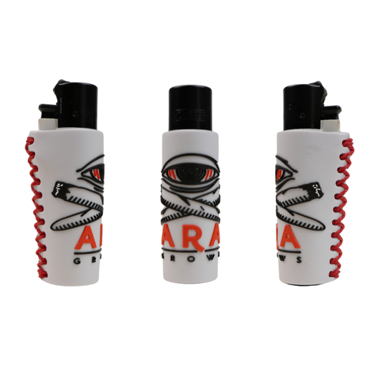 Funda de mechero de silicona ARA GROWS blanca con relieve antideslizante y diseño eye logo.