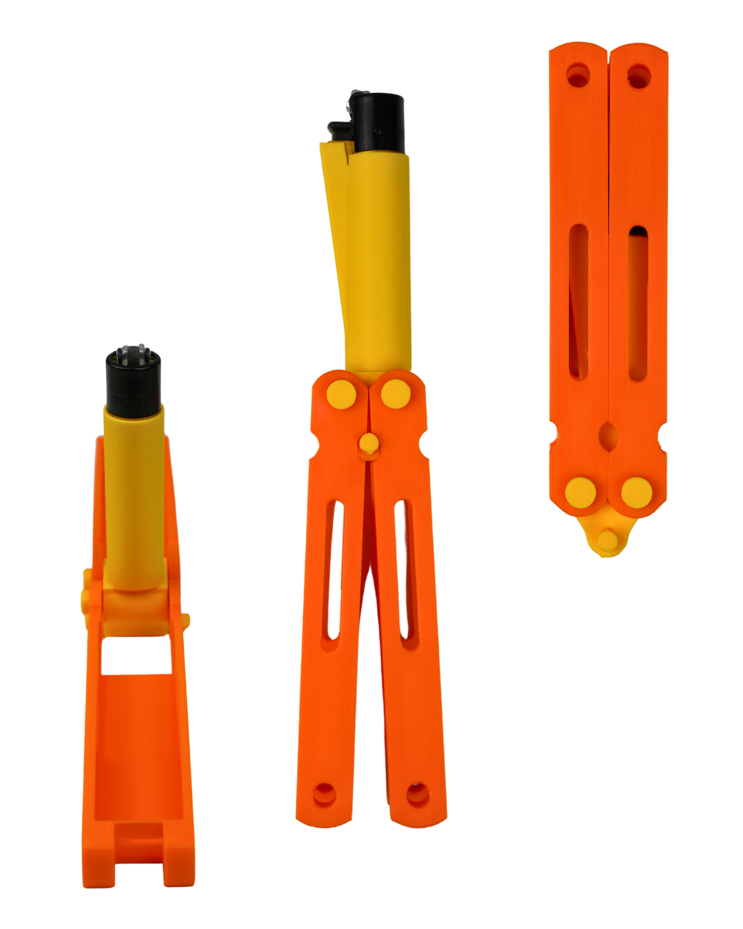 Funda para mechero Spin Flame naranja impresa en 3D con apertura giratoria tipo mariposa y mechero incluido.
