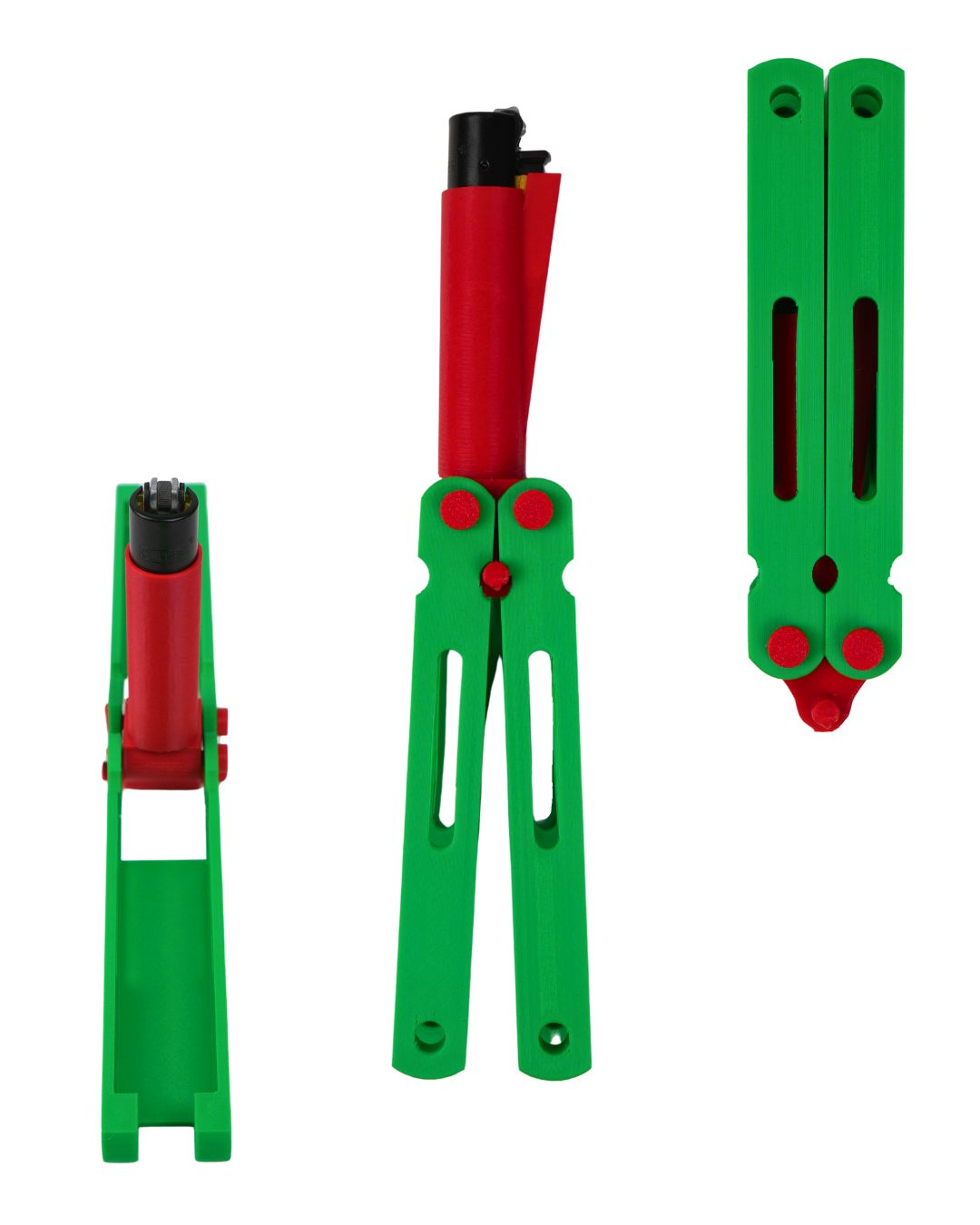 Funda para mechero Spin Flame verde y roja impresa en 3D con apertura tipo mariposa (Butterfly Flip), compatible con mecheros tipo Clipper y mecanismo de giro.