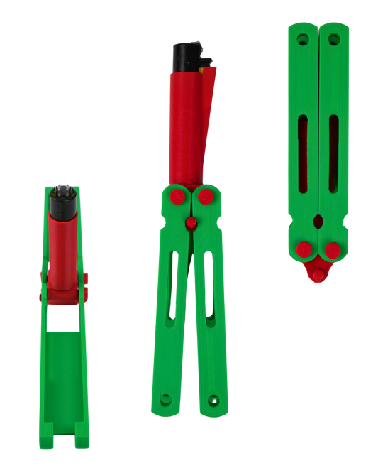 Funda para mechero Spin Flame verde y roja impresa en 3D con apertura tipo mariposa (Butterfly Flip), compatible con mecheros tipo Clipper y mecanismo de giro.