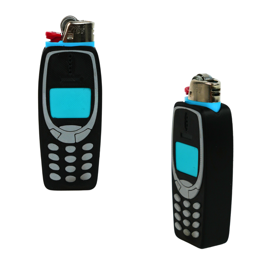 Funda Nokia para mechero BIC impresa en 3D con mechero colocado, mechero no incluido