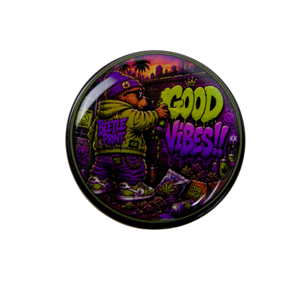 Grinder Good Vibes Beetle Print con tapa holográfica y base de cristal transparente premium