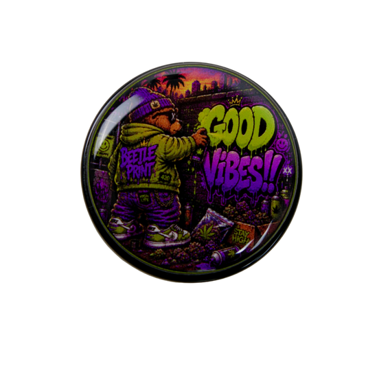 Grinder Good Vibes Beetle Print con tapa holográfica y base de cristal transparente premium