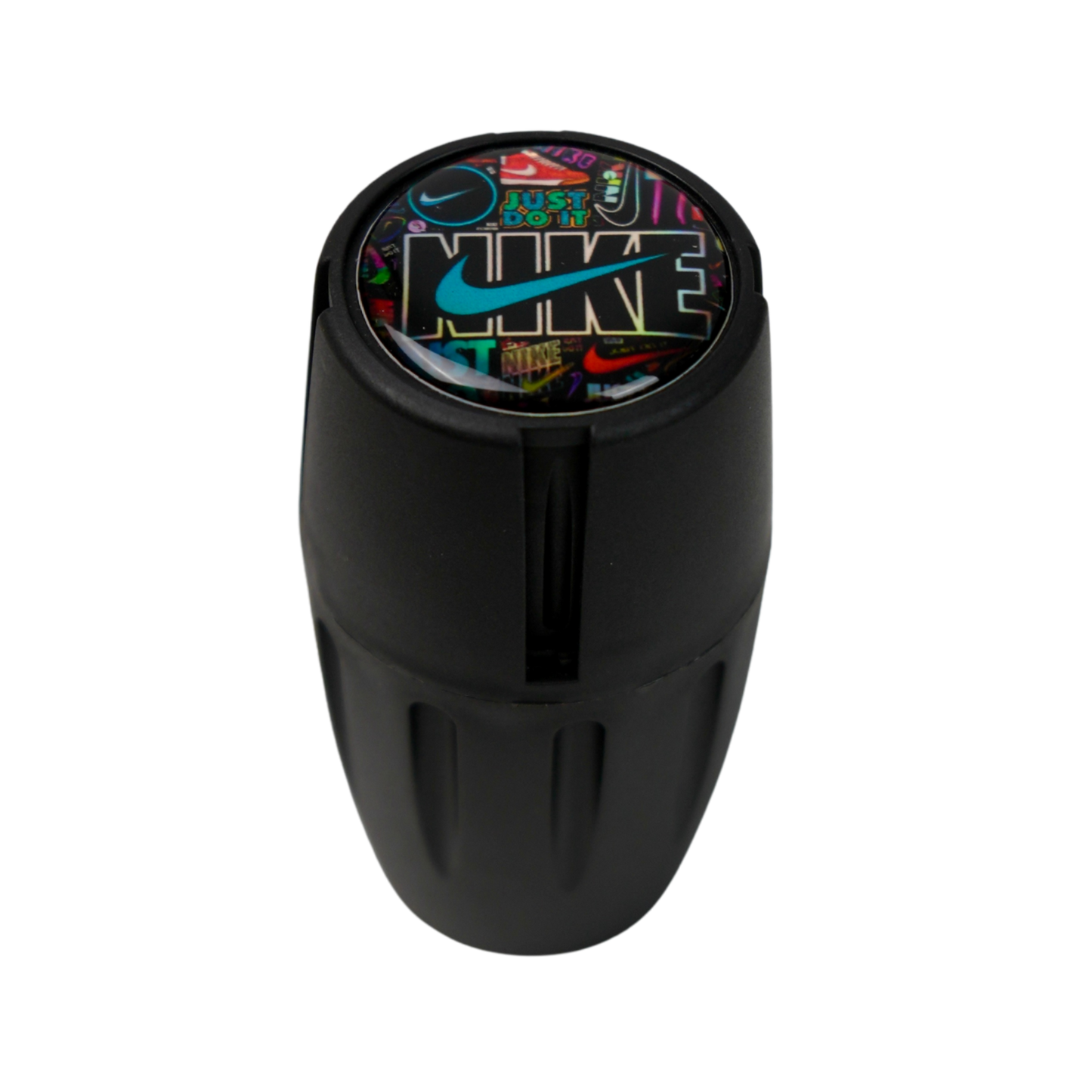 Mini grinder negro portátil con logo holográfico estilo urbano y acabado brillante