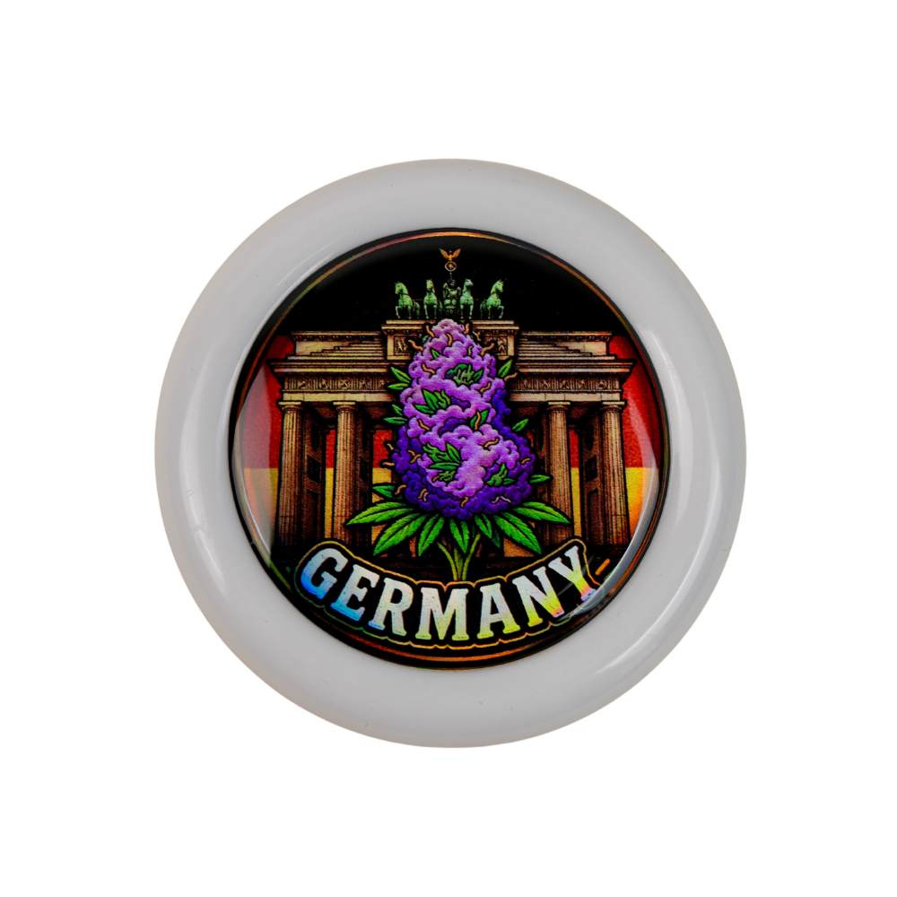 Grinder Zero Alemania con diseño Germany y acabado de resina holográfica en vista superior