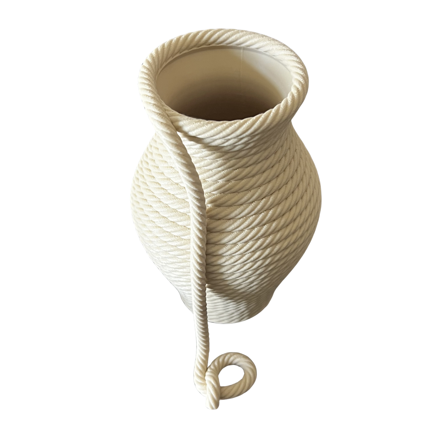 Vista en perspectiva del jarrón decorativo impreso en 3D con textura de cuerda y acabado elegante para decoración de interiores.
