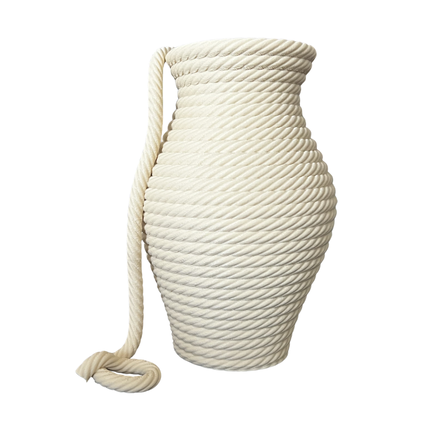 Vista trasera del jarrón decorativo impreso en 3D con diseño de cuerda y asa integrada.