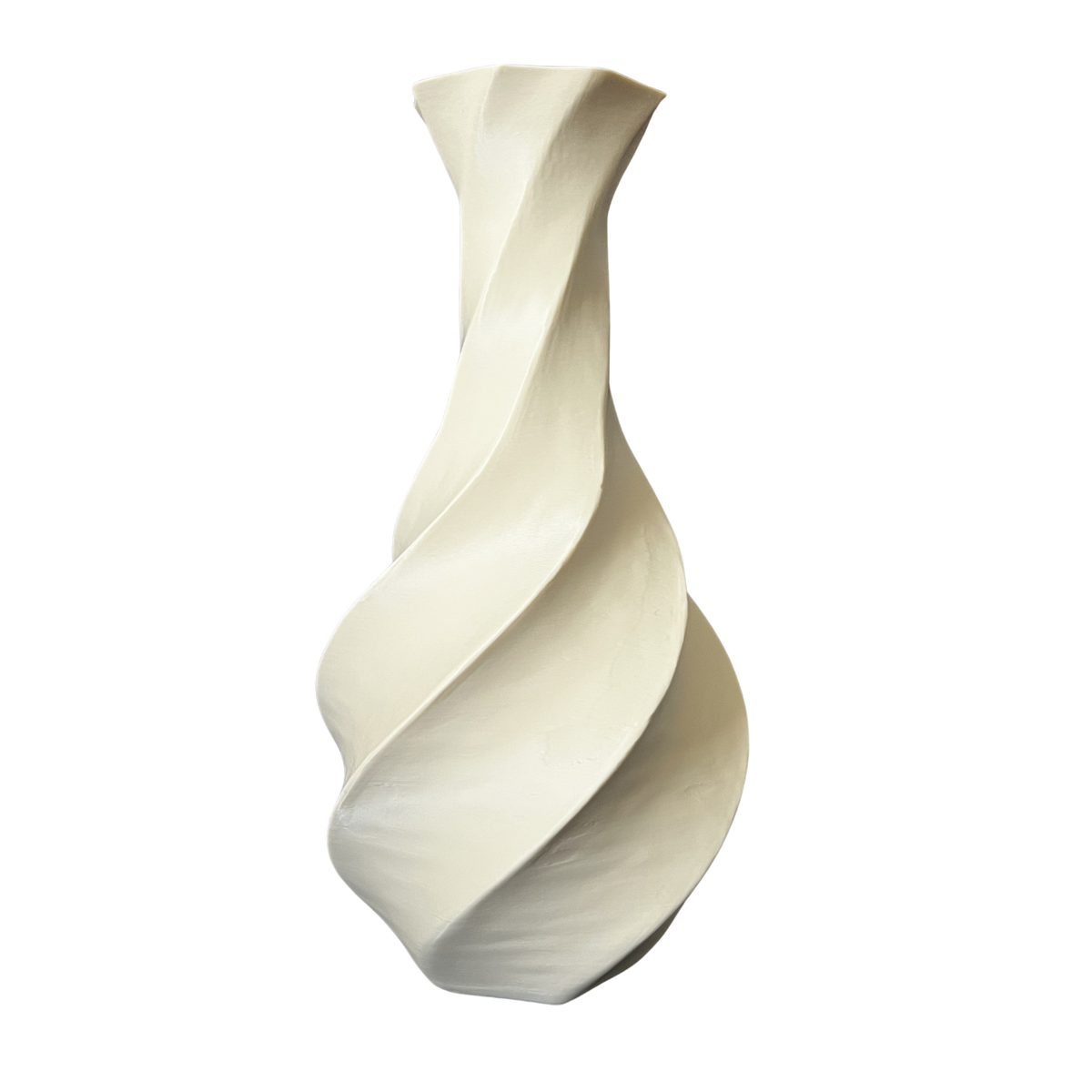 Jarrón decorativo espiral impreso en 3D en color blanco con diseño moderno y acabado mate.