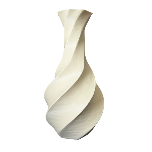Jarrón decorativo espiral impreso en 3D en color blanco con diseño moderno y acabado mate.