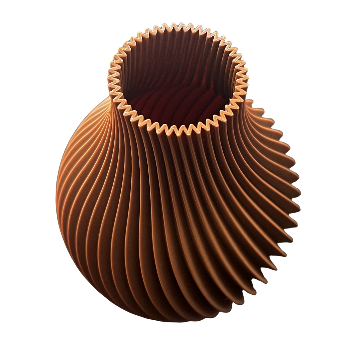 Jarrón decorativo marrón impreso en 3D con diseño espiral ondulado y acabado mate de Beetle Print.