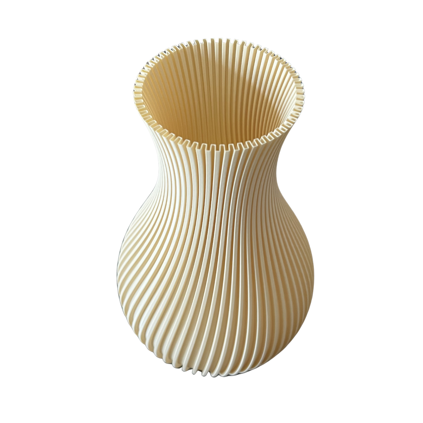 Jarrón decorativo impreso en 3D con diseño geométrico en perspectiva.