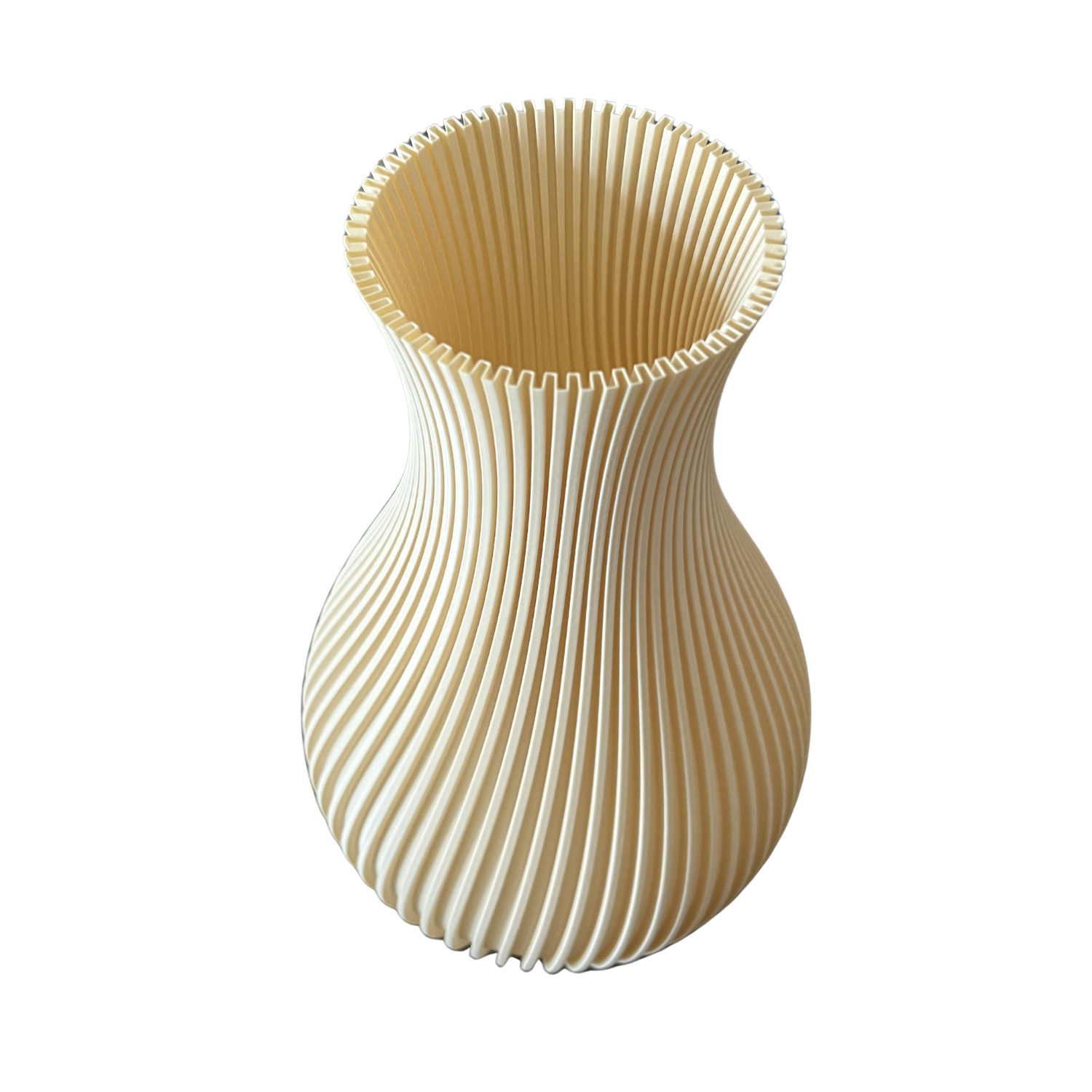 Jarrón decorativo impreso en 3D con diseño geométrico en perspectiva.
