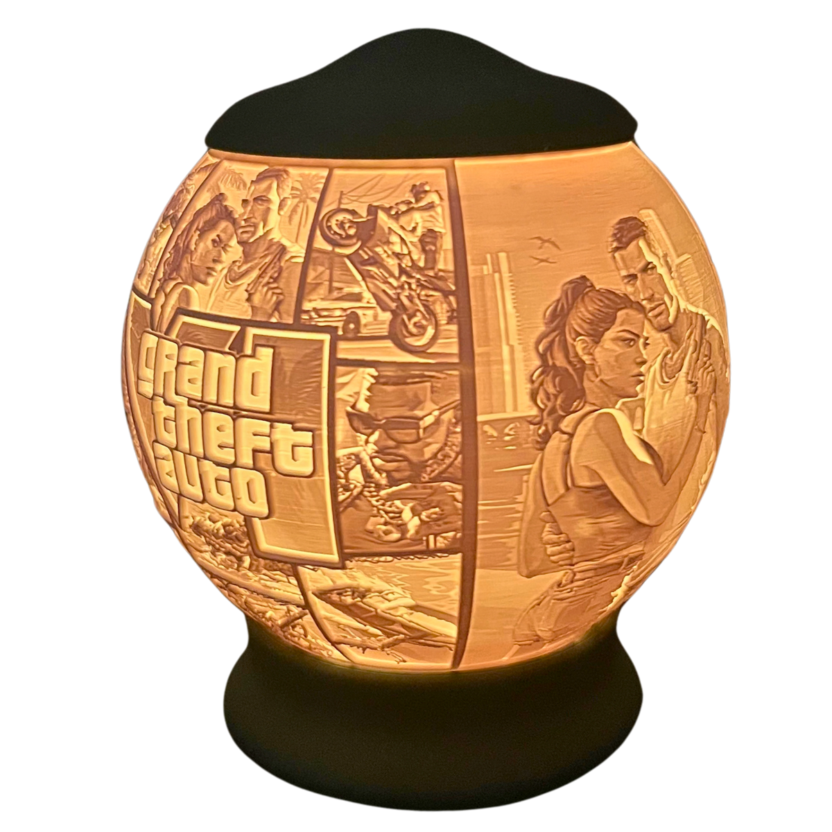 Lámpara 3D Beetle Print Vice Lights encendida en naranja con diseño urbano retroiluminado y base negra