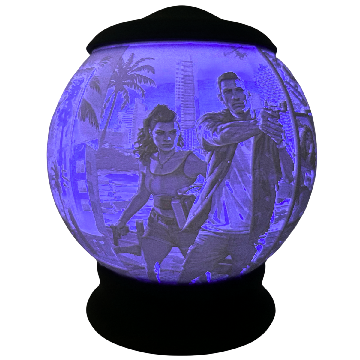 Lámpara 3D Beetle Print Vice Lights encendida en violeta con diseño urbano retroiluminado y base negra
