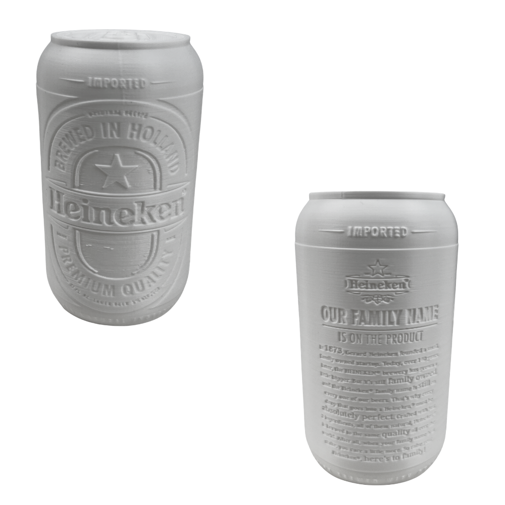 Lata Heineken decorativa translúcida fabricada con acabado tipo impresión 3D