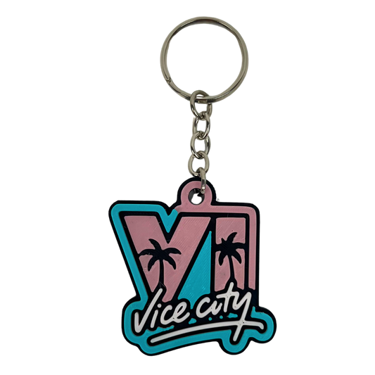Llavero Vice City 3D Beetle Print en rosa y turquesa con palmeras y estética retro tropical, vista principal