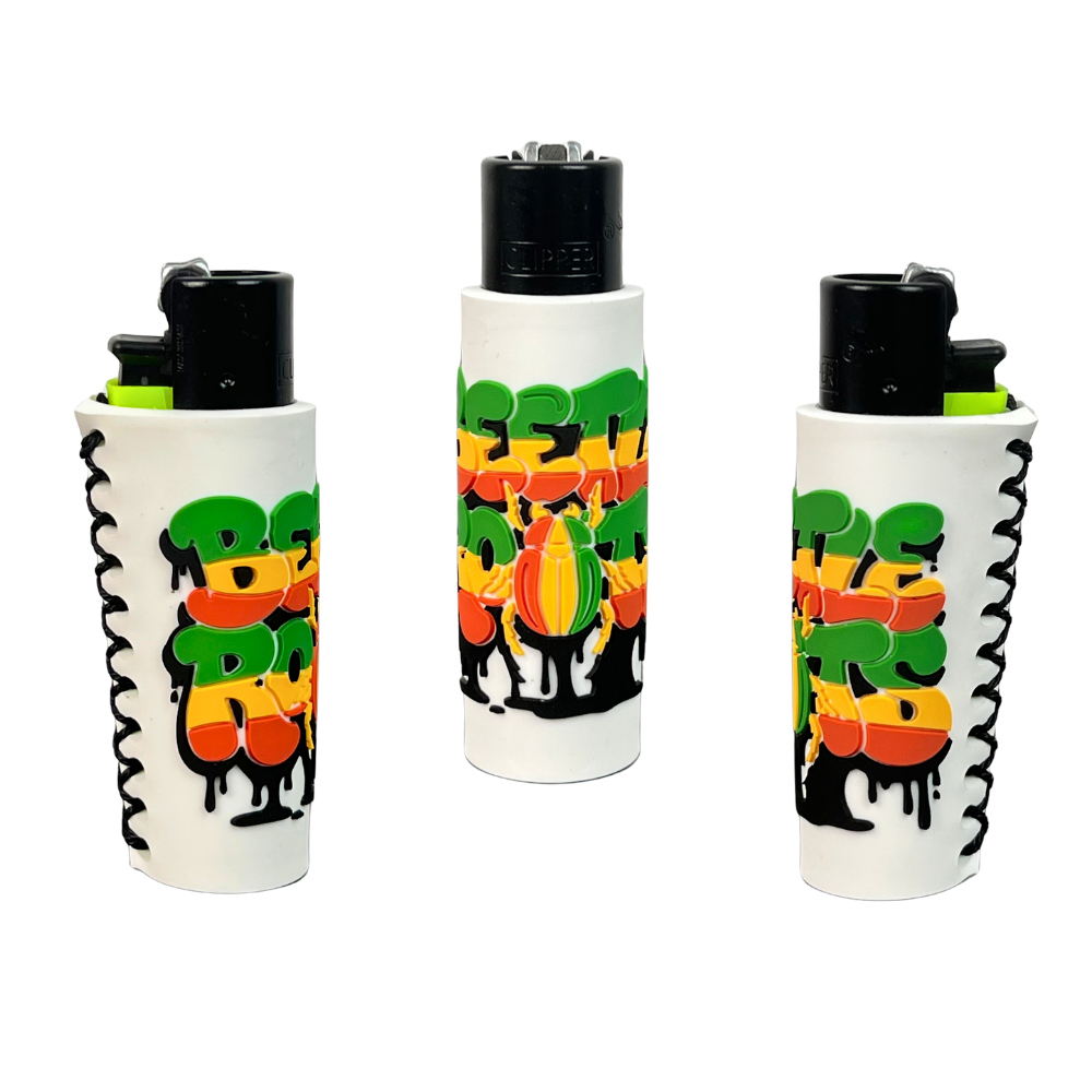 Mechero Beetle Roots blanco con funda de silicona antideslizante y diseño multicolor Beetle Print