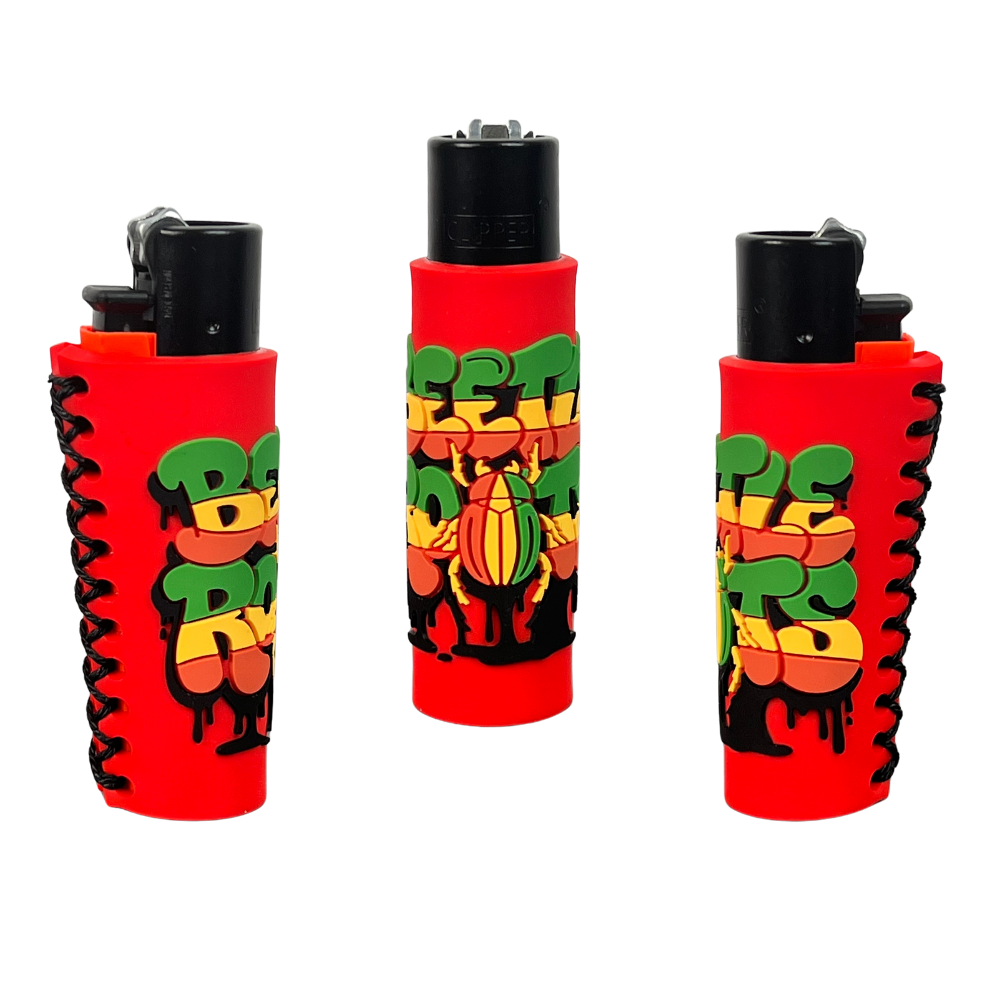 Mechero Beetle Roots rojo con funda de silicona antideslizante y diseño multicolor Beetle Print