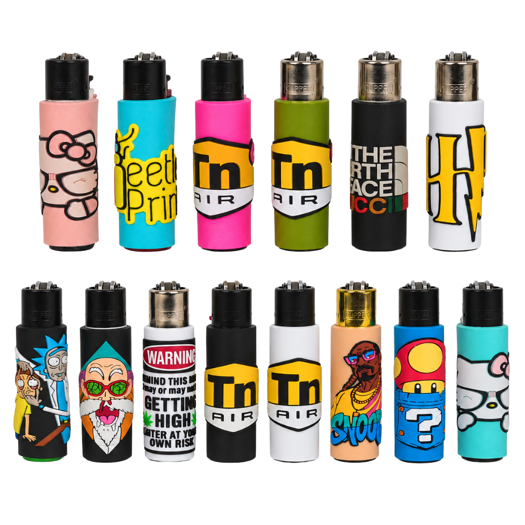 Vista general de la colección completa de fundas de mechero Beetle Print, 14 diseños diferentes con sus mecheros incluidos