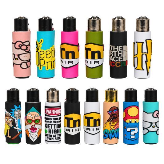 Vista general de la colección completa de fundas de mechero Beetle Print, 14 diseños diferentes con sus mecheros incluidos
