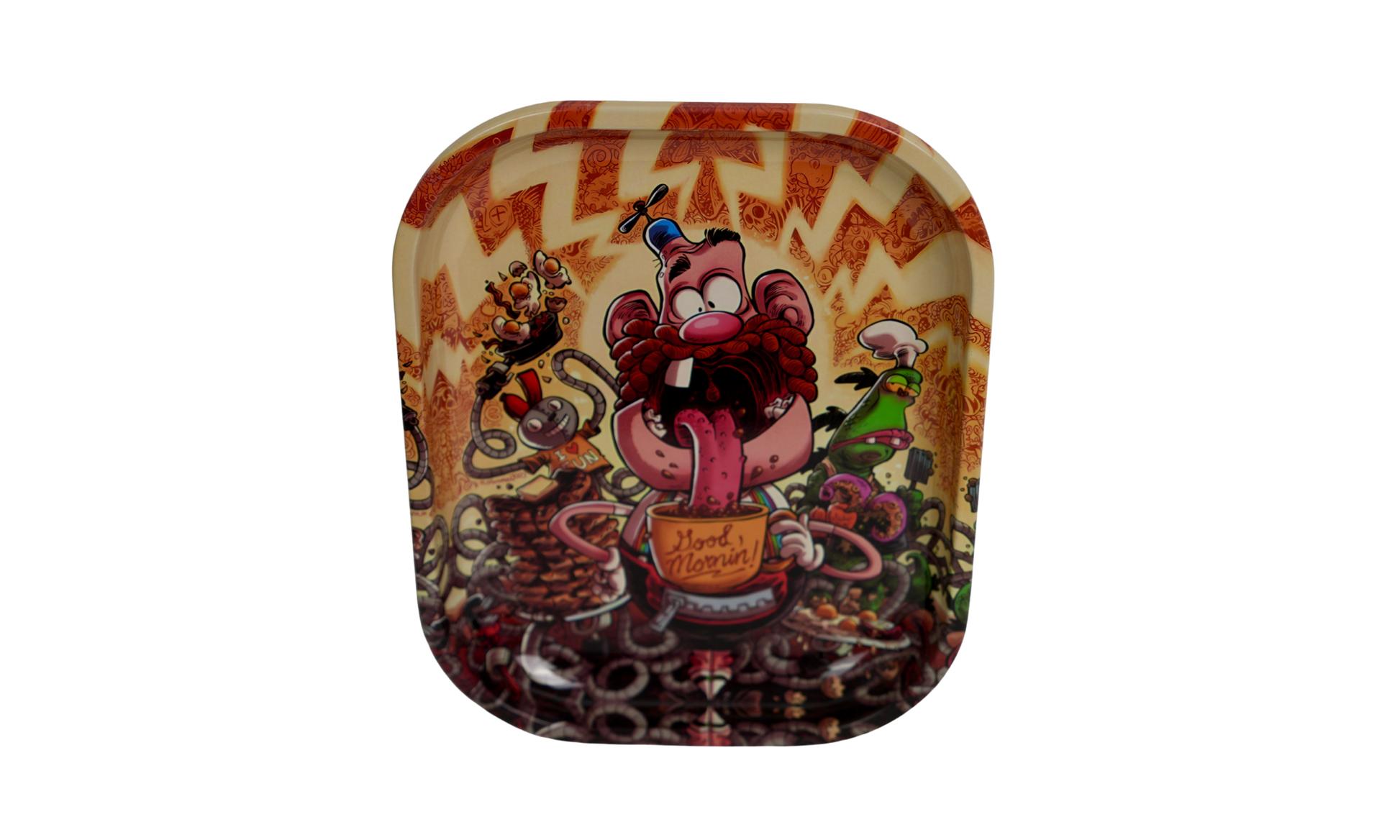 Abstract graphic illustration of man eating on metal rolling tray