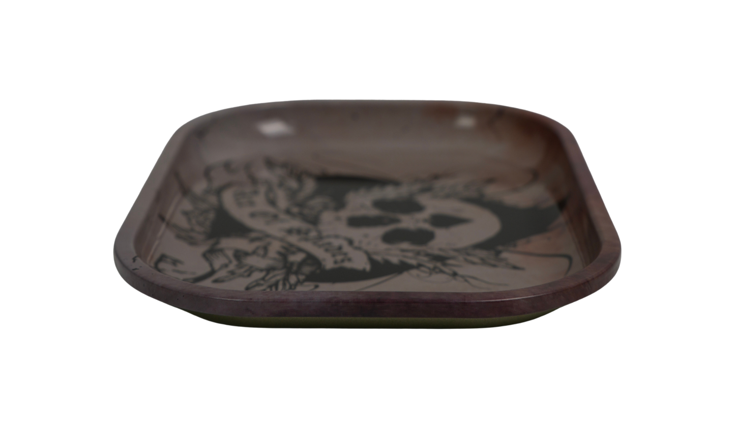 Angled view of dark gothic skull rolling tray with raised edges