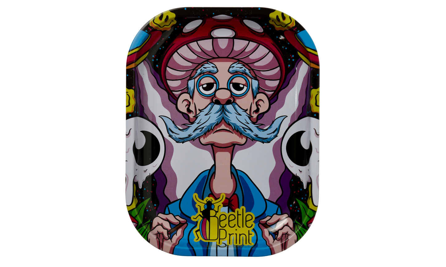 Metal rolling tray with psychedelic cartoon elder design by Beetle Print