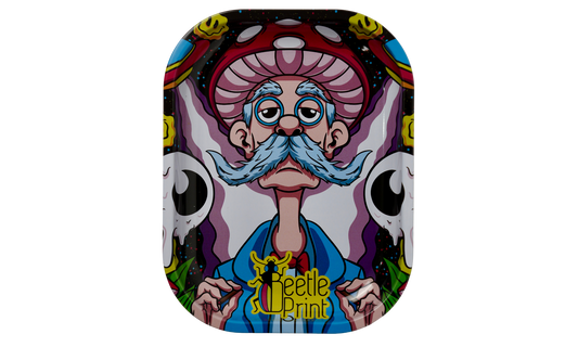 Metal rolling tray with psychedelic cartoon elder design by Beetle Print