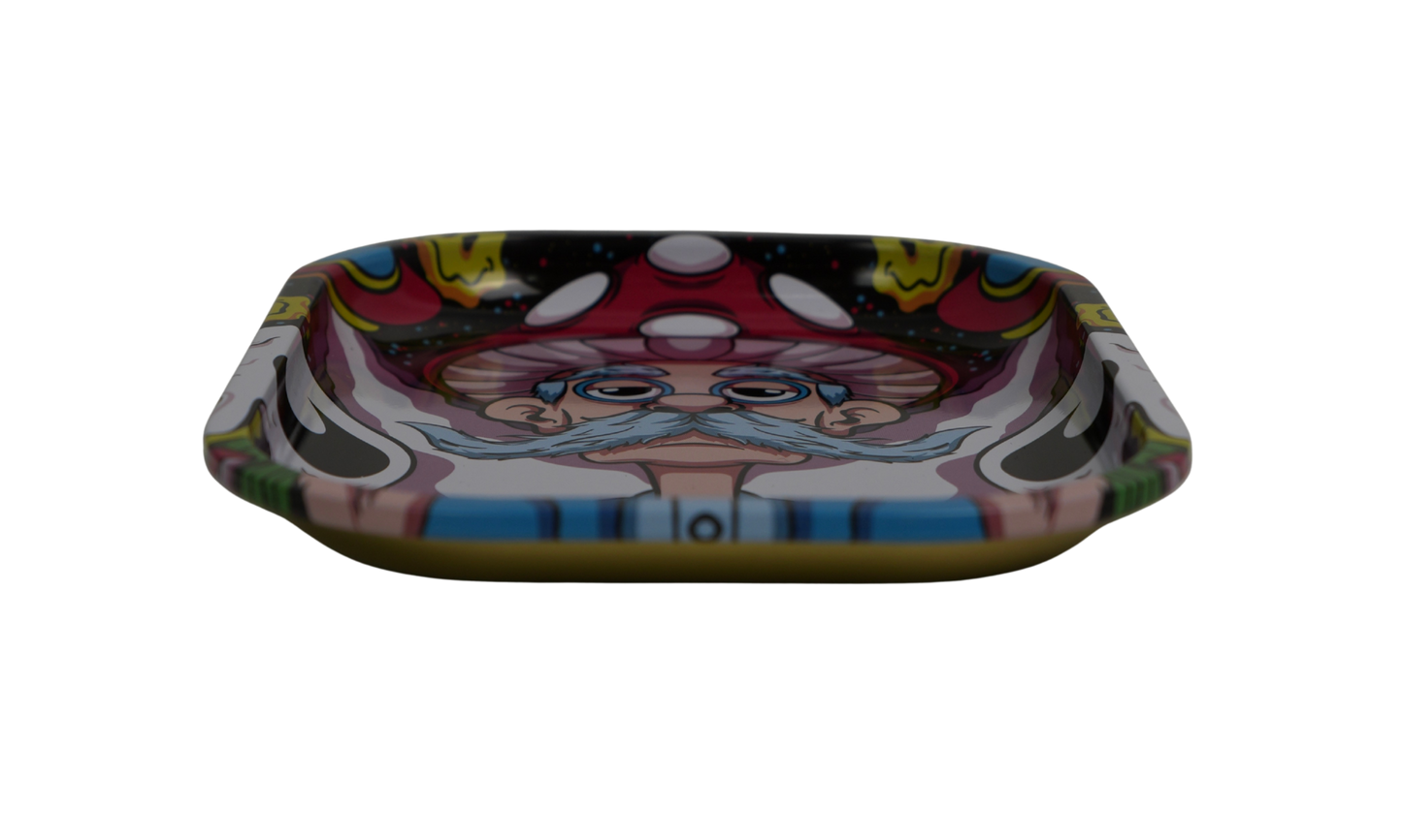 Angled view of colorful psychedelic metal rolling tray