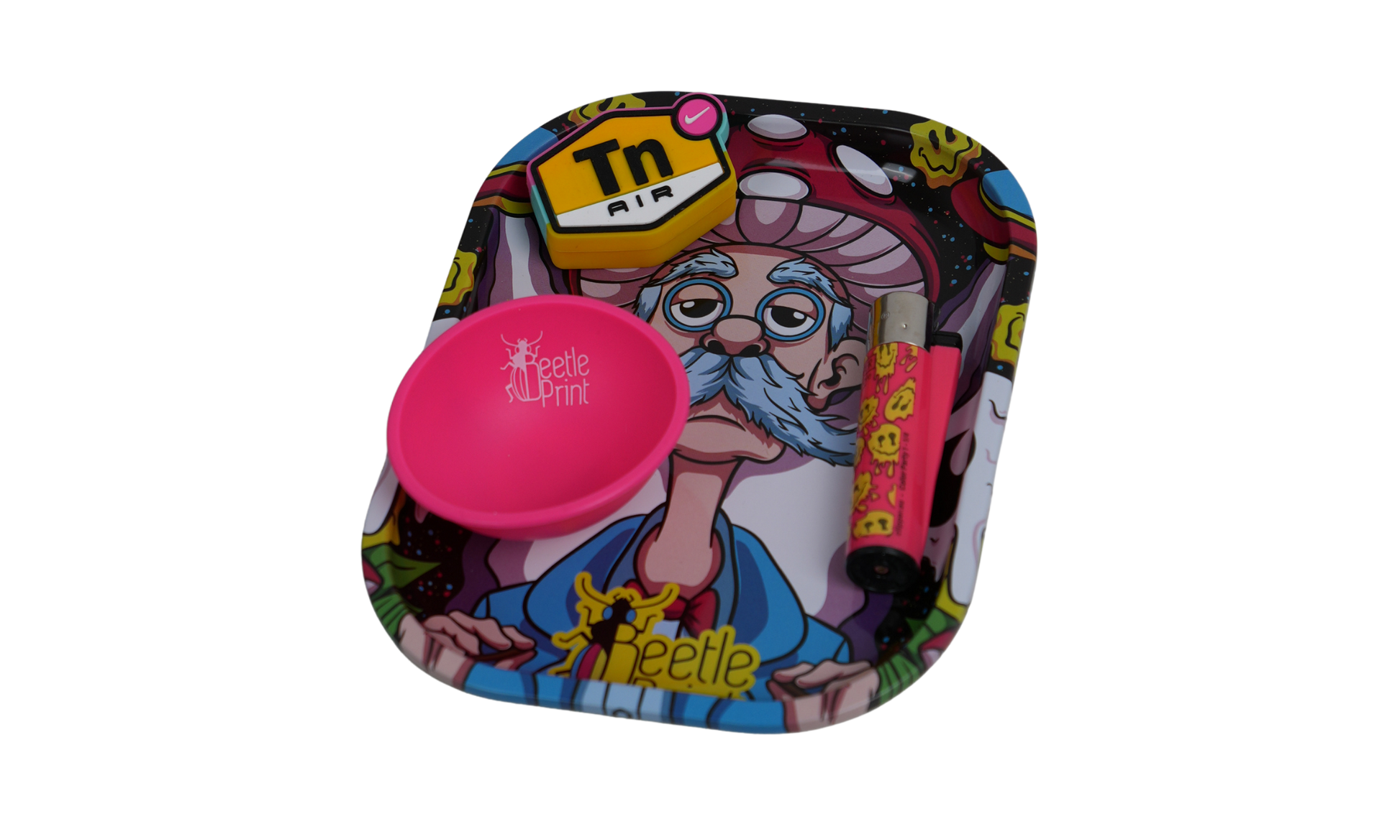 Detail of cartoon artwork on psychedelic rolling tray