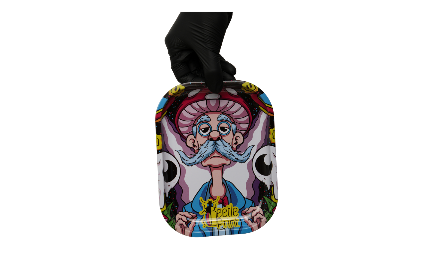 Back view of metal rolling tray with smooth finish