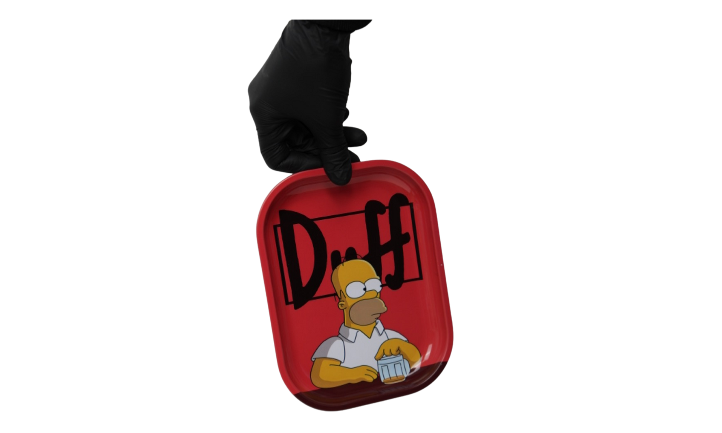 Graphic illustration on Homero Beer metal rolling tray and hand