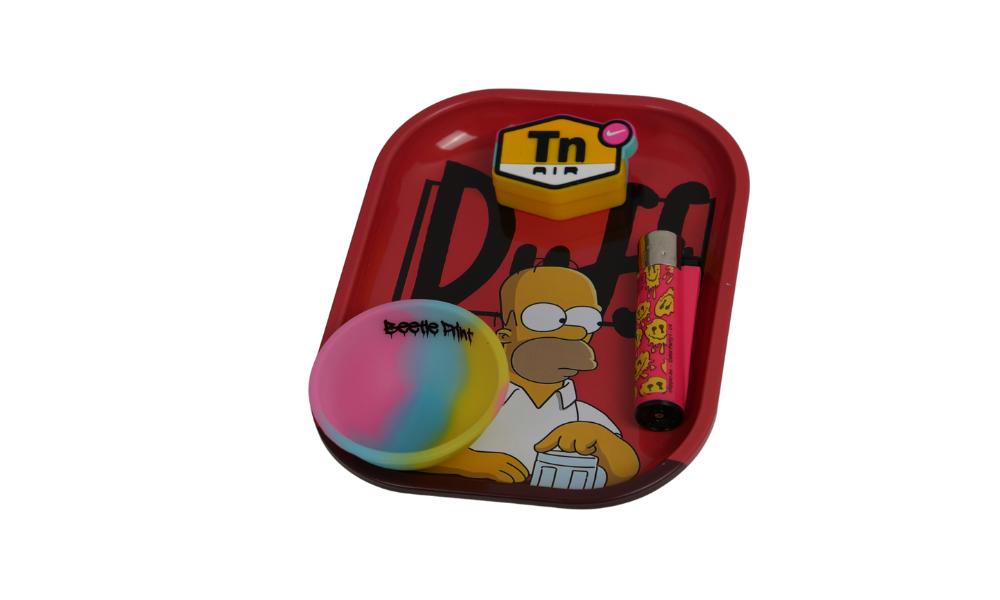 Detail of metal rolling tray Homero Beer with raised edges in use
