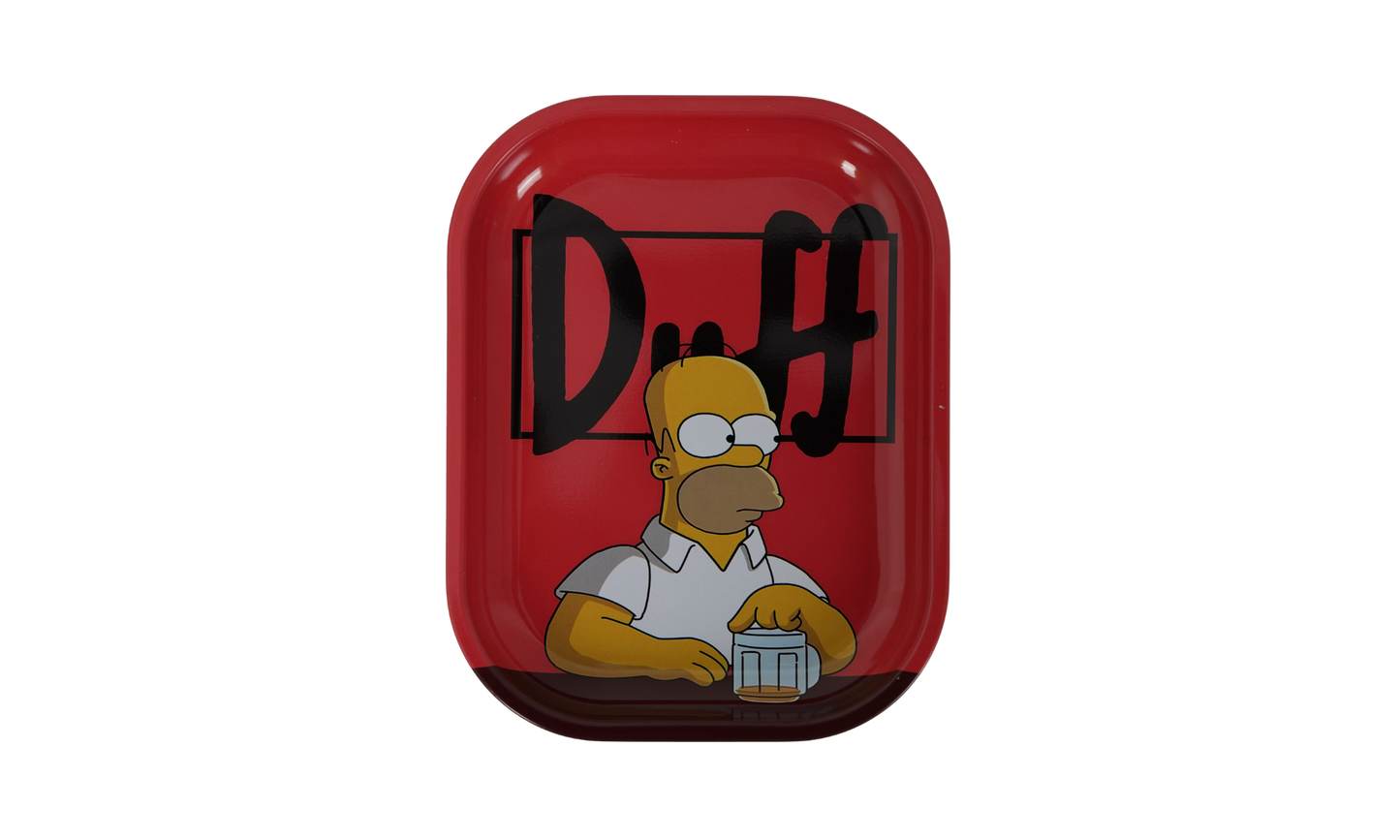 Detail of metal rolling tray Homero Beer with raised edges front