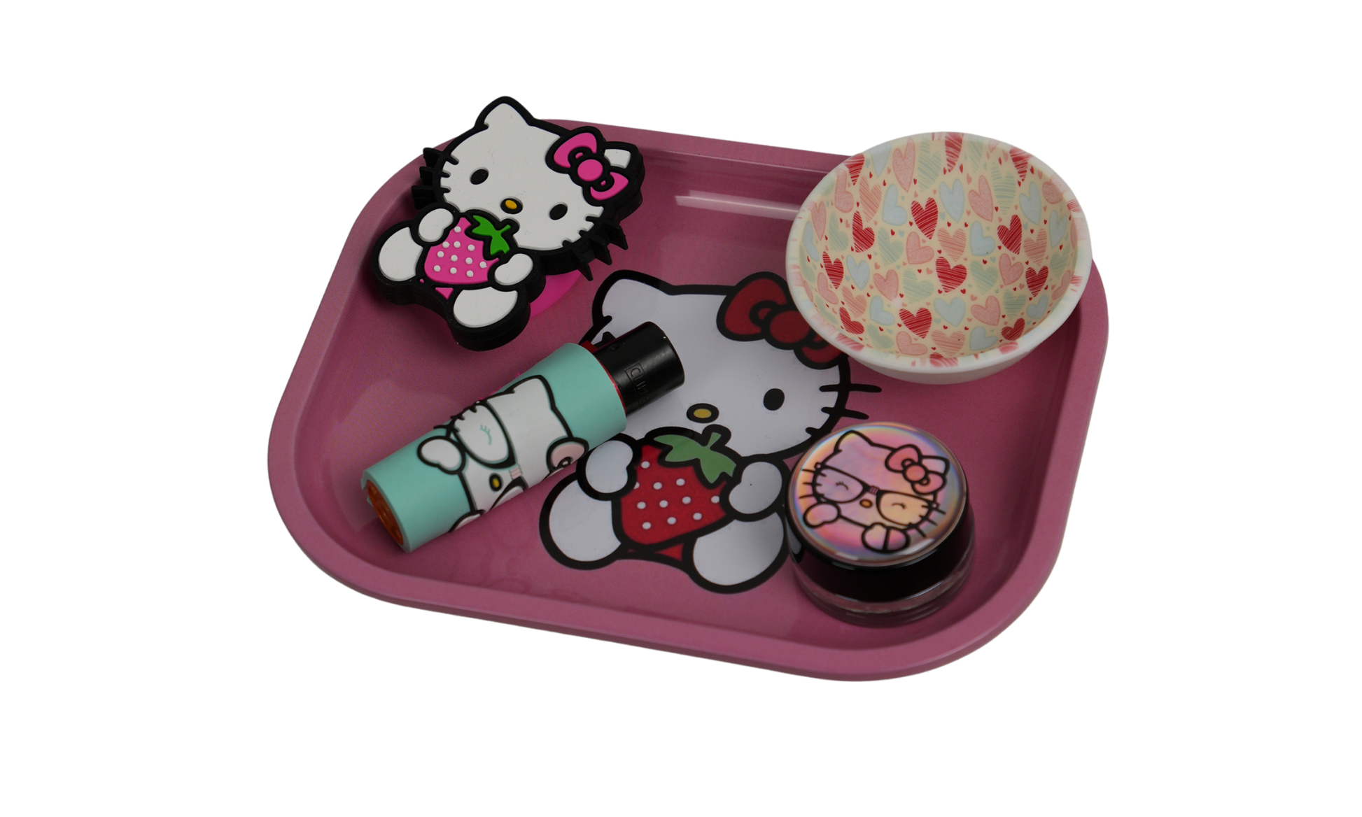 Detail of pink metal rolling tray with raised edges