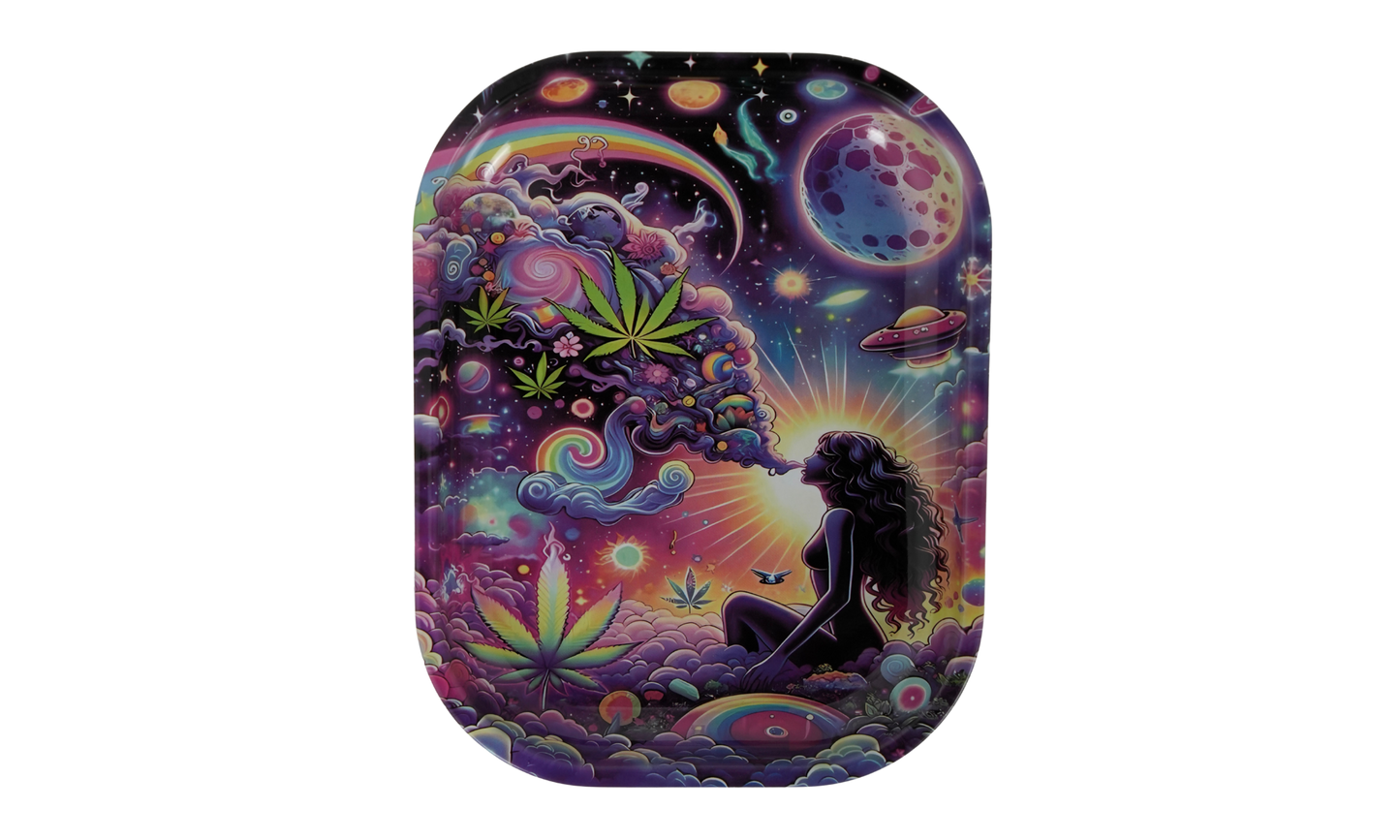 Metal rolling tray with psychedelic woman illustration by Beetle Print