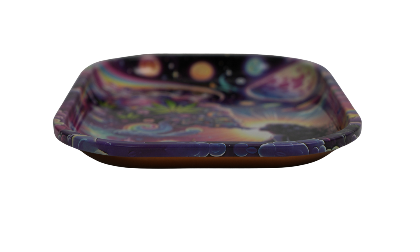 Psychedelic art metal rolling tray with colorful design