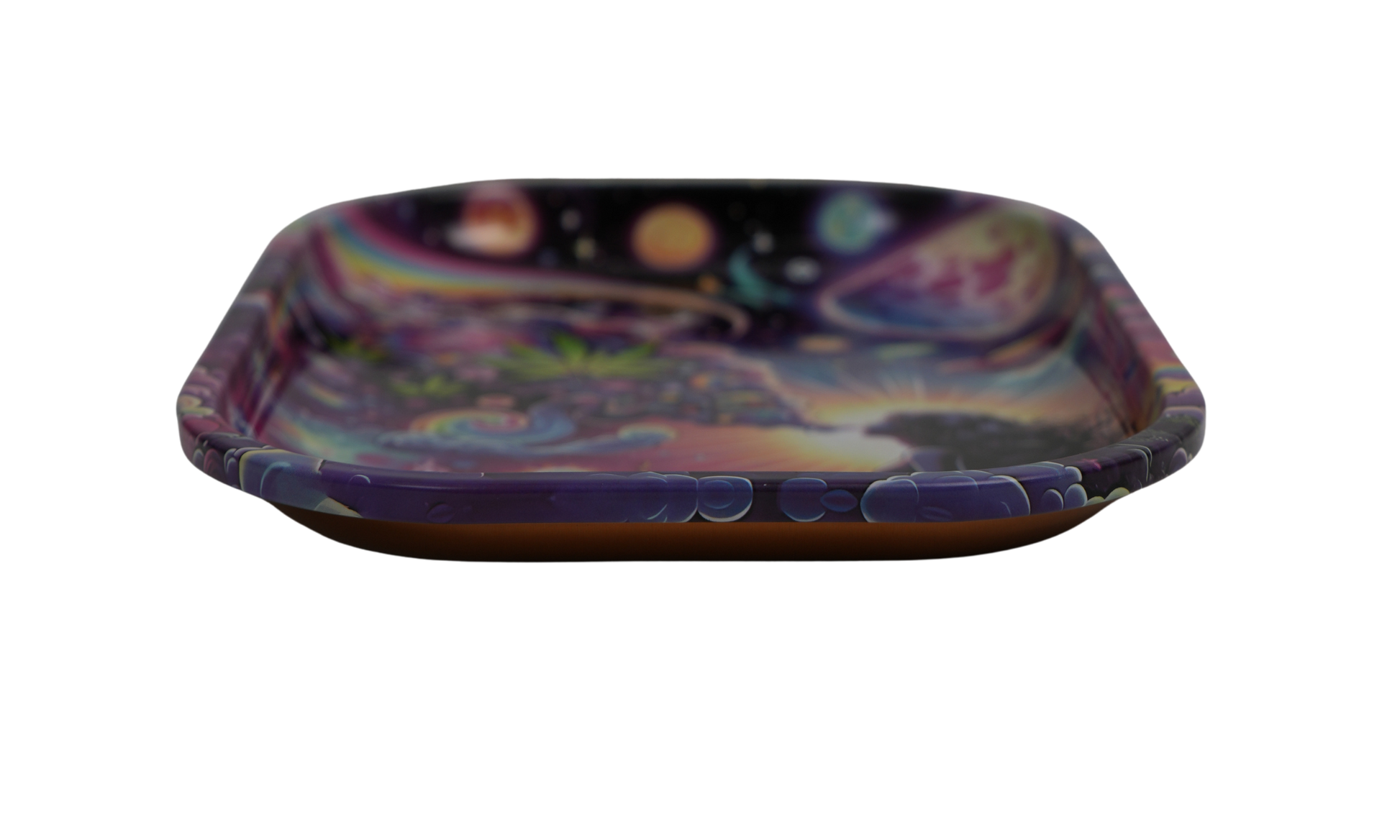 Psychedelic art metal rolling tray with colorful design