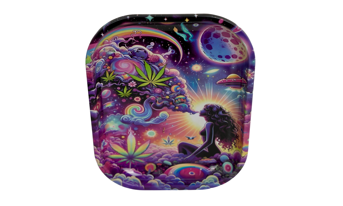 Detail of metal rolling tray with raised edges and trippy artwork