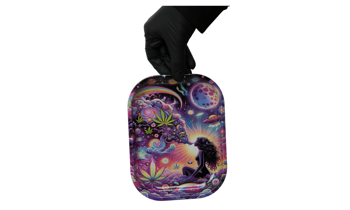 Psychedelic woman graphic illustration on metal rolling tray and hand