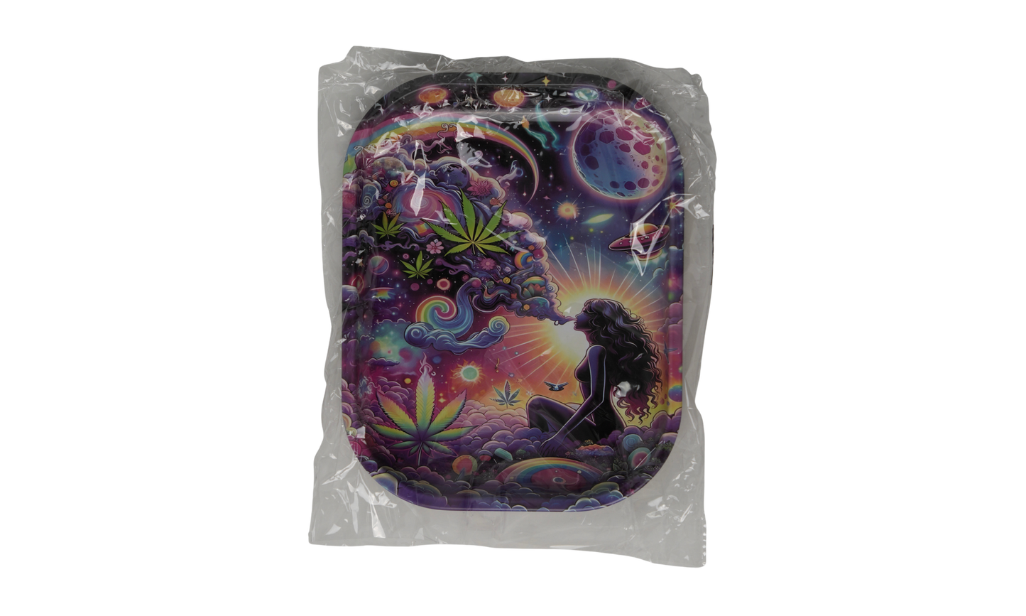 Psychedelic woman graphic illustration on metal rolling tray packaging