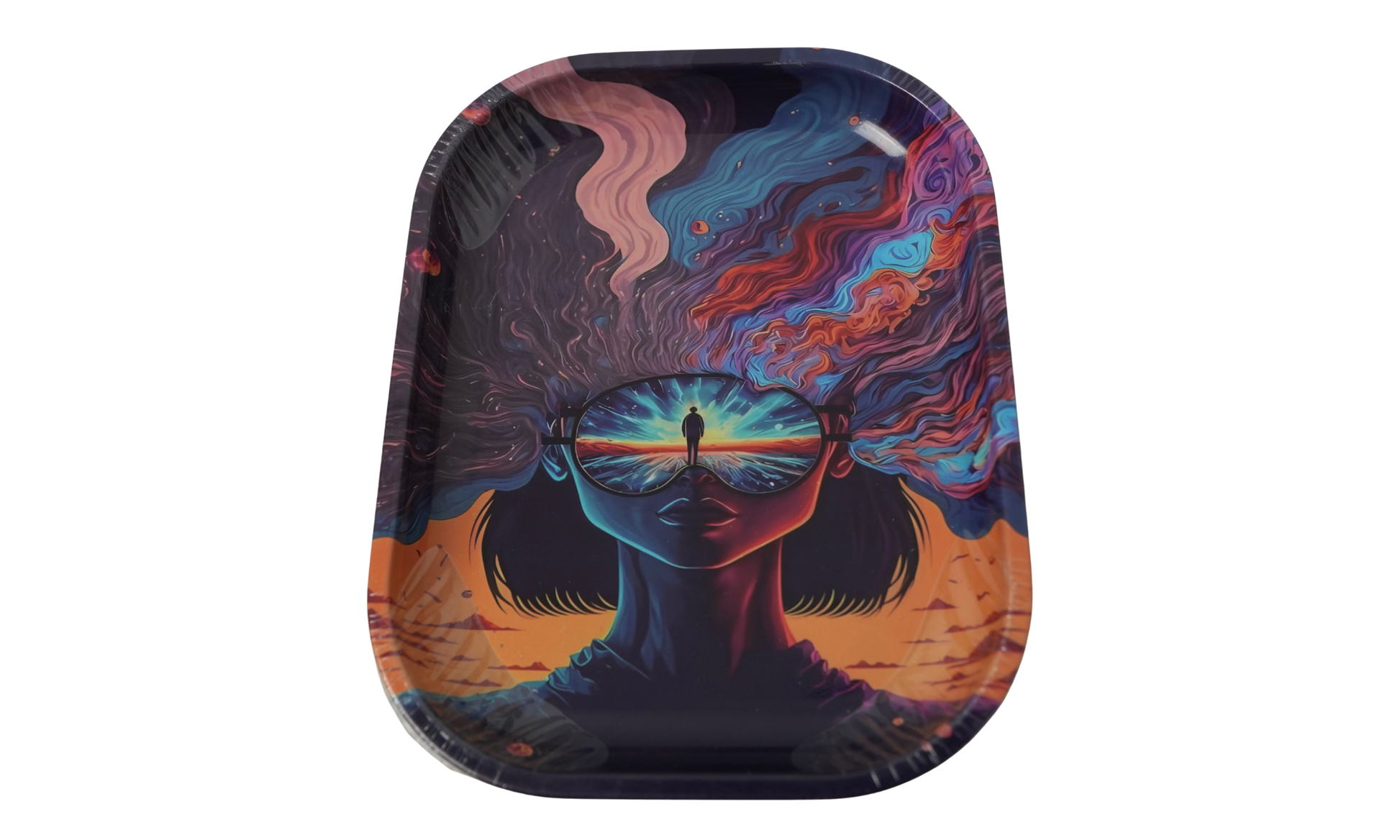 Surreal woman art rolling tray with reflective glasses design