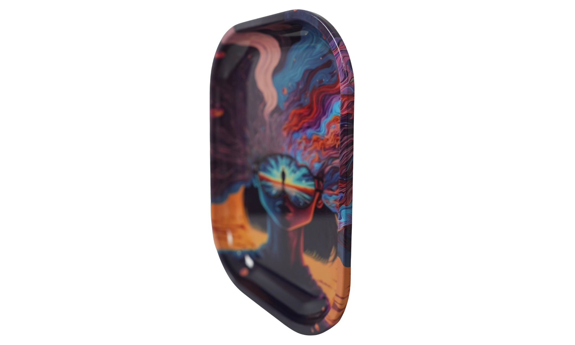 Abstract surreal illustration of woman with reflective vision on rolling tray